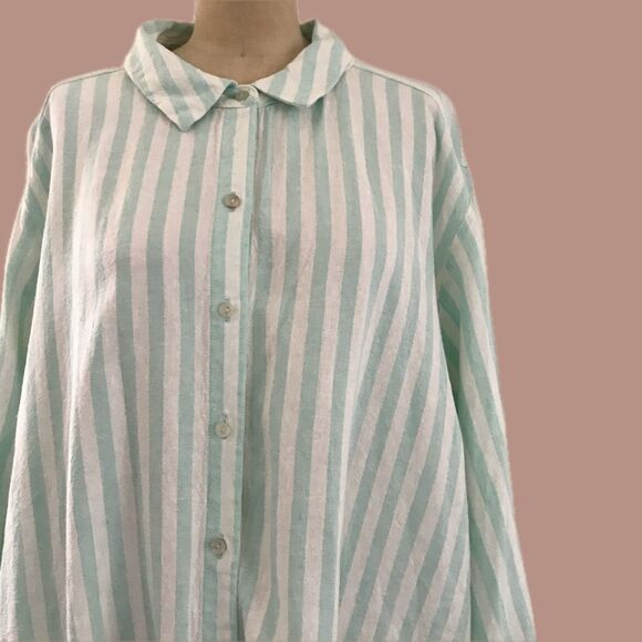 Lauren Conrad Blue Off White Striped Linen Long Sleeve Casual Top Shirt - 2X - Picture 2 of 7
